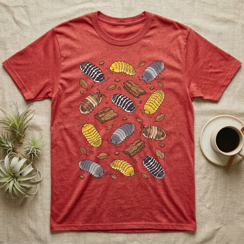Cubaris Isopod Morphs T-Shirt in Heather Red — Vector illustration of scattered Cubaris isopod morphs including Panda King, Jupiter, Cappuccino and Zebra on grey.