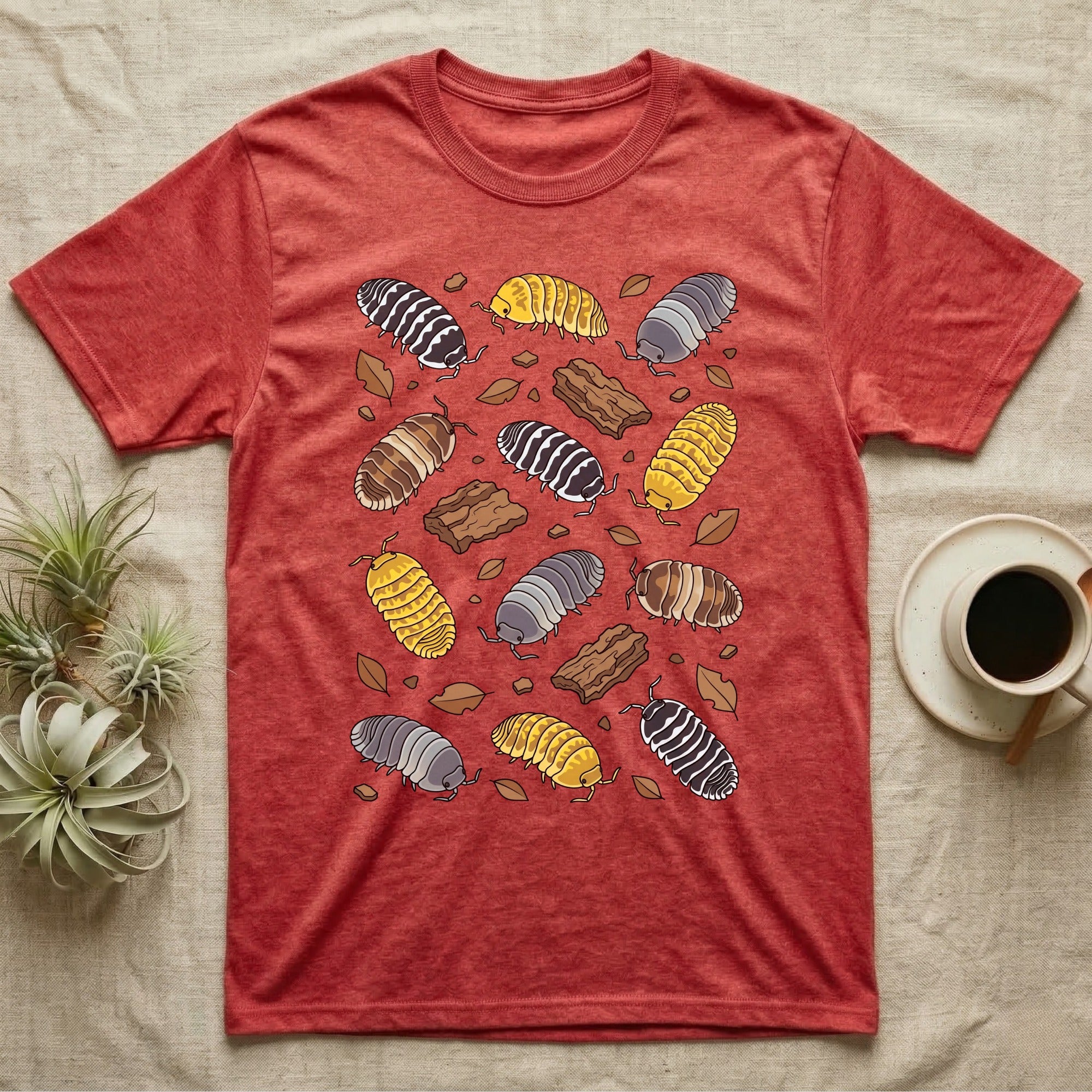 Cubaris Isopod Morphs T-Shirt in Heather Red — Vector illustration of scattered Cubaris isopod morphs including Panda King, Jupiter, Cappuccino and Zebra on grey.