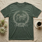 Leopard Gecko Shed T-Shirt in Military Green — Leopard gecko mid-shed in a cream brush-ink laurel crest with I DONT PEEL MY GECKO banner on grey