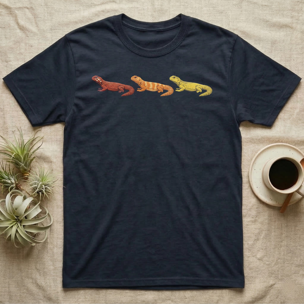 Uromastyx Colour Morph Trio T-Shirt in Navy — Three uromastyx lizards in a row, painted in thick raised relief — brick red, tangerine orange and lemon yellow morphs.