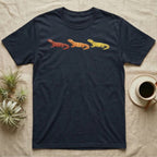 Uromastyx Colour Morph Trio T-Shirt in Navy — Three uromastyx lizards in a row, painted in thick raised relief — brick red, tangerine orange and lemon yellow morphs.
