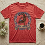 Leopard Gecko 1776 T-Shirt in Heather Red — Vintage badge of a leopard gecko in an Uncle Sam hat with laurel wreath and flags, banner reading Strollin' For Reptiles Since 1776.