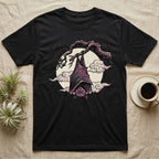 Black t-shirt with a purple bat hanging upside down from a tree branch.