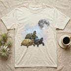 Russian Tortoise Moon Howl T-Shirt in Natural — Three Russian Tortoise colour morphs howling at a full moon over a nebula on a dark grey t-shirt.