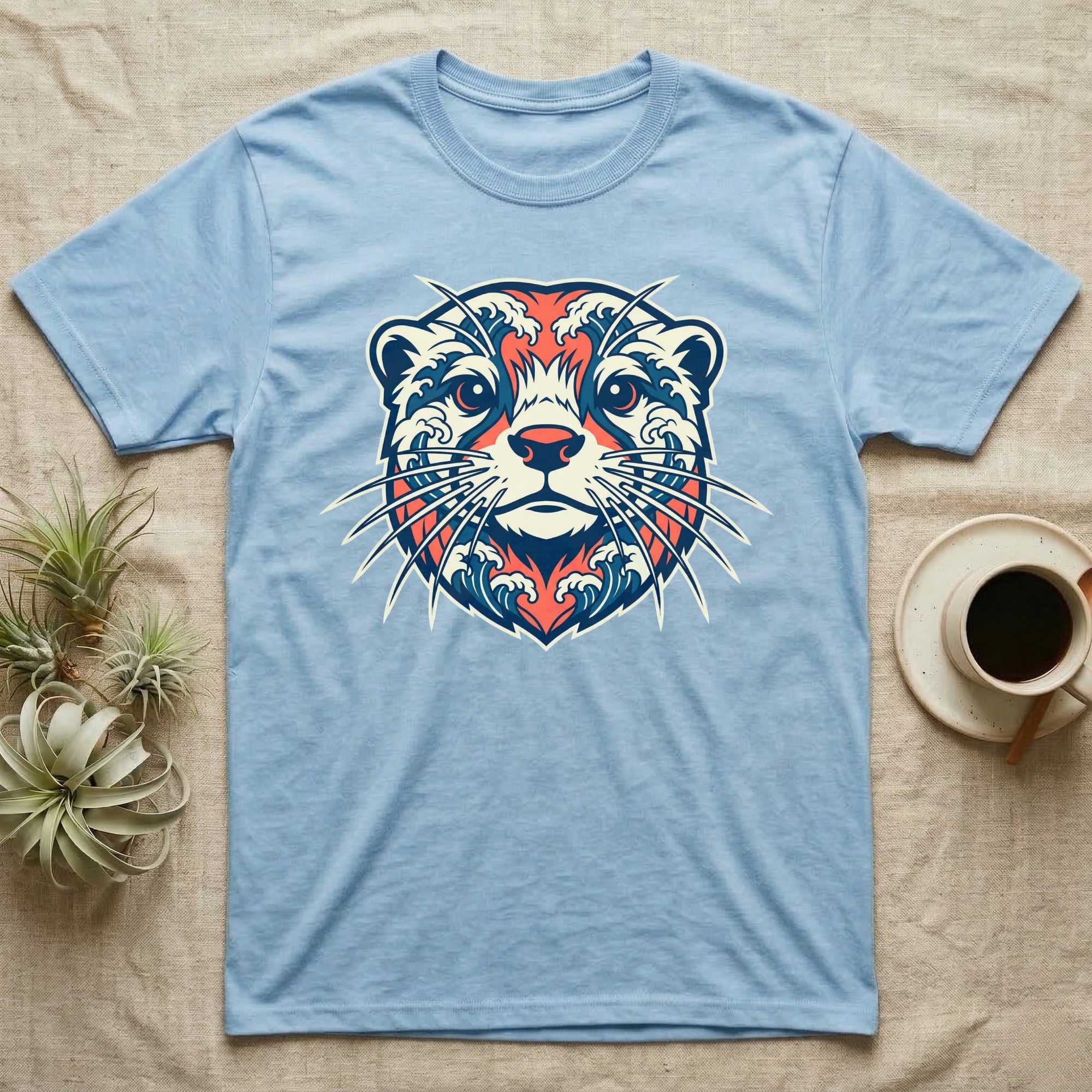 Light blue t-shirt with a stylized otter face graphic.