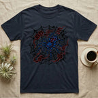 Navy t-shirt with a red and blue spider design on a spider web.