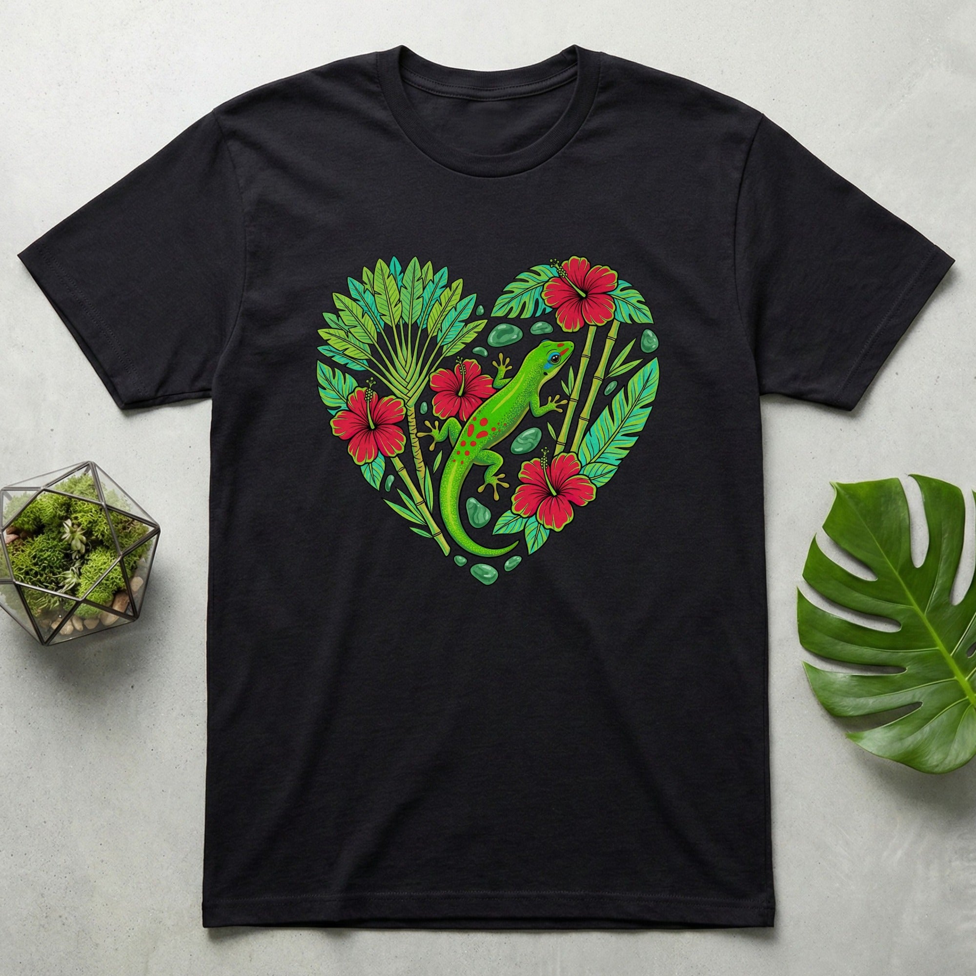 Black T-shirt with Heart Shaped Tropical Lizard Design