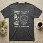 Rubber Ducky Isopod Line Art T-Shirt in Dark Heather — Bone-white outline drawing of a rubber ducky isopod labelled Cubaris sp. beside vertical stencil type.