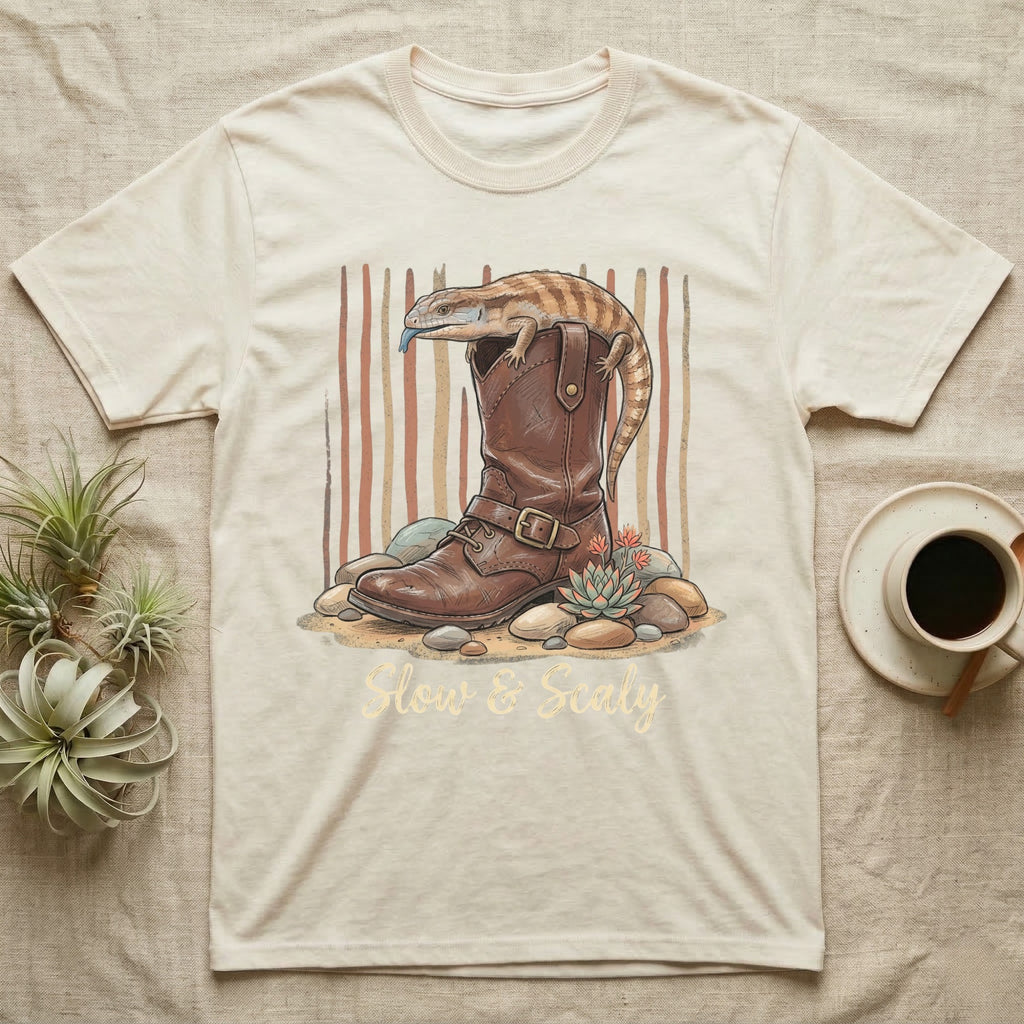 Cream t-shirt with a lizard on a boot, "Slow & Scaly" text.