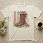 Cream t-shirt with a lizard on a boot, "Slow & Scaly" text.