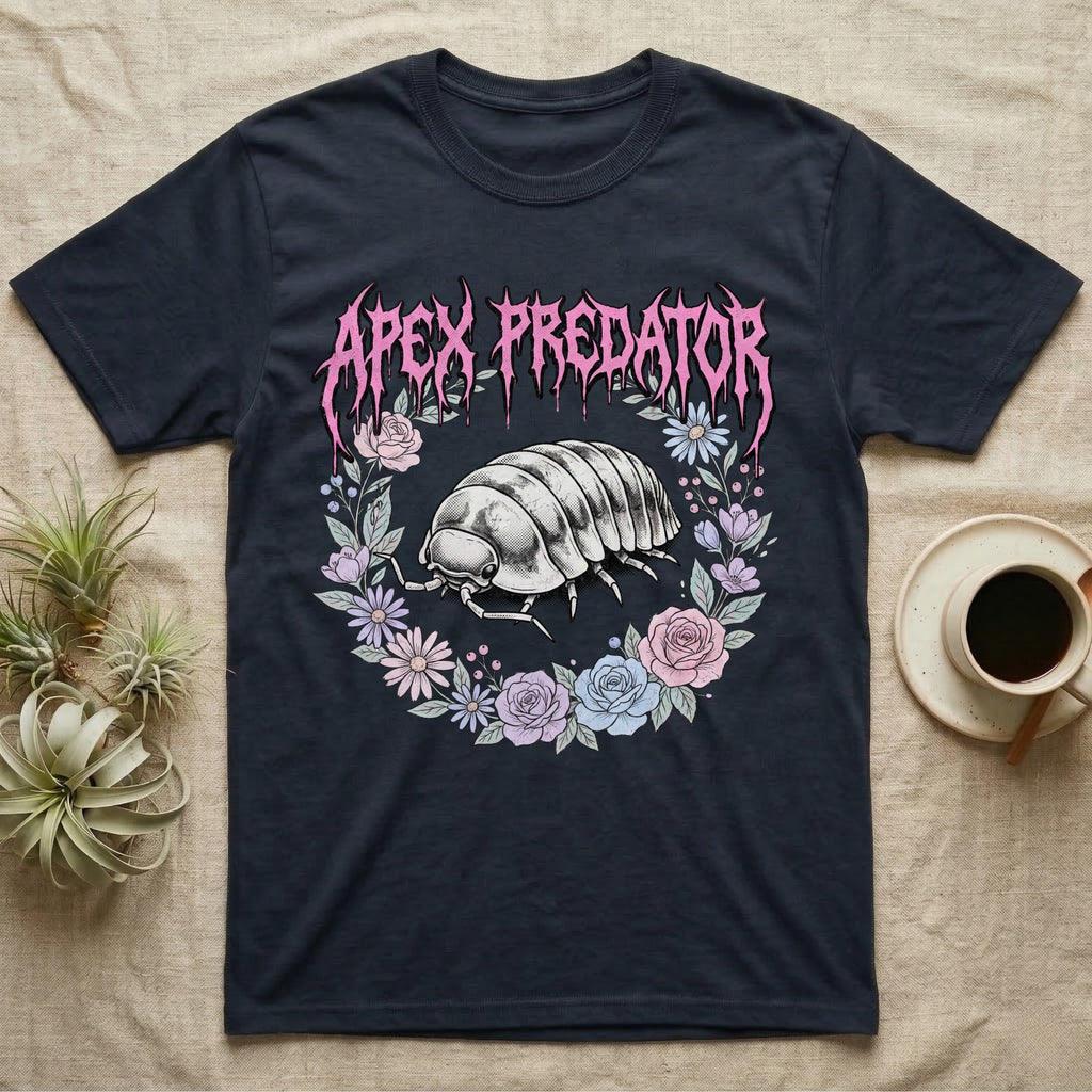 Apex Predator Isopod T-Shirt in Navy — Bootleg design of a cute isopod in a floral wreath under dripping death-metal lettering reading "Apex Predator."
