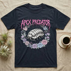 Apex Predator Isopod T-Shirt in Navy — Bootleg design of a cute isopod in a floral wreath under dripping death-metal lettering reading "Apex Predator."