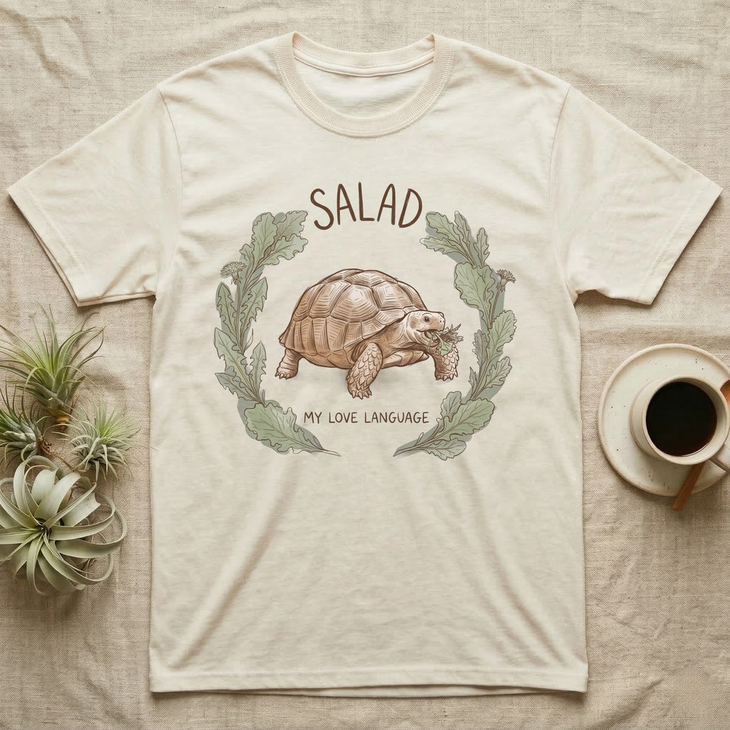 Sulcata Tortoise Salad Love T-Shirt in Natural — Sepia watercolour illustration of a Sulcata tortoise mid-bite inside a salad-greens wreath with "SALAD" lettering.