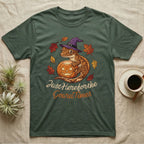 Crested Gecko Gourd Times T-Shirt in Military Green — Cartoon crested gecko in a witch hat on a glowing jack-o'-lantern, "Just Here for the Gourd Times."