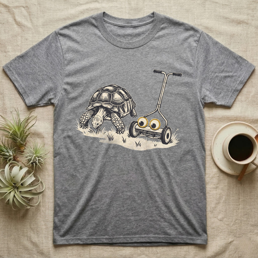 Tortoise Lawnmower Googly T-Shirt in Sport Grey — Linocut illustration of a sulcata tortoise grazing beside a push mower wearing oversized googly eyes.