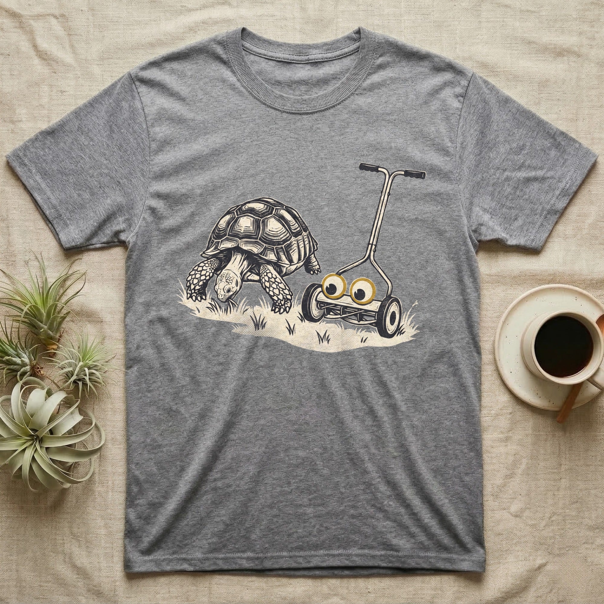 Tortoise Lawnmower Googly T-Shirt in Sport Grey — Linocut illustration of a sulcata tortoise grazing beside a push mower wearing oversized googly eyes.