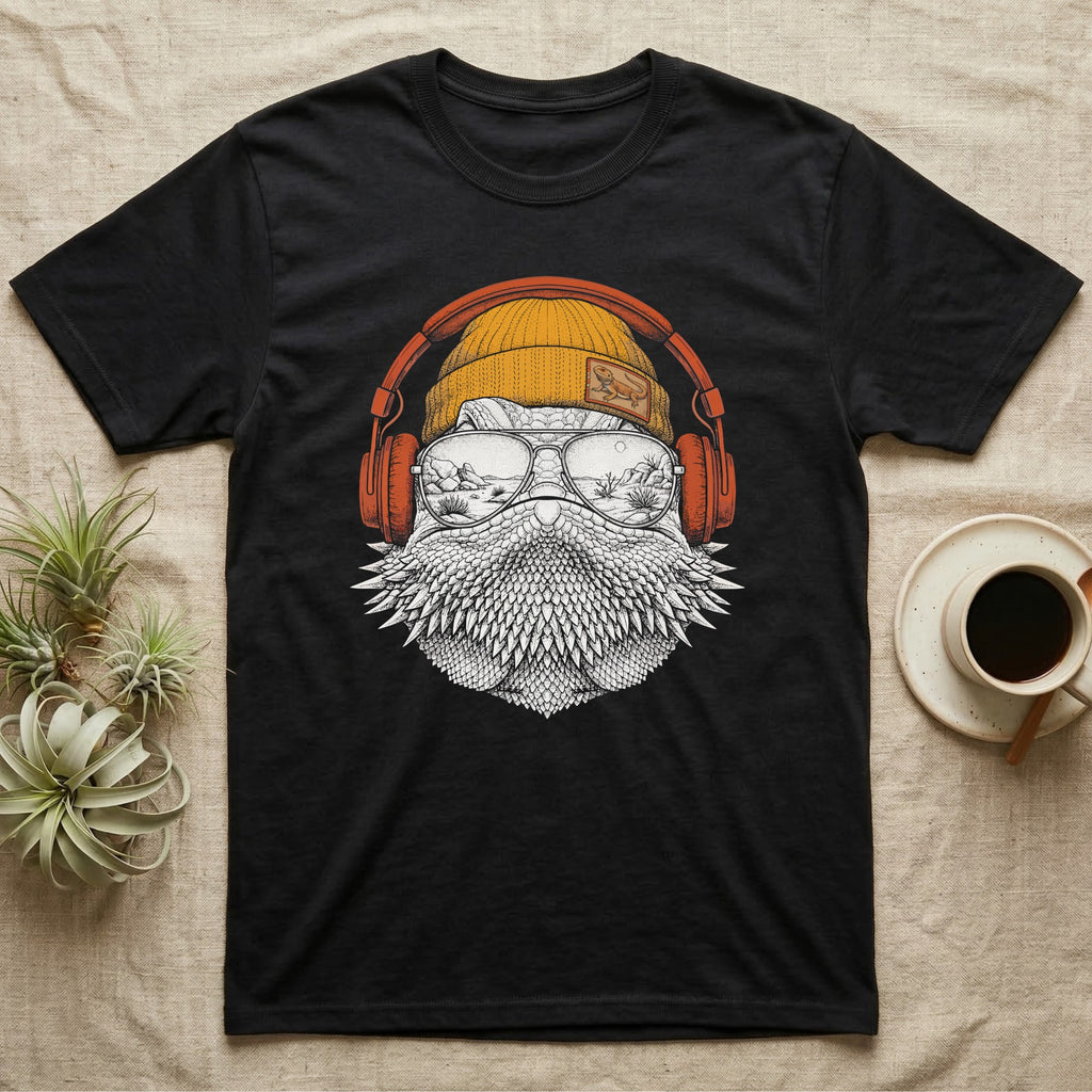 Bearded Dragon Headphones T-Shirt in Black — Engraved bearded dragon with spiked beard in a beanie and headphones, aviators reflecting a desert canyon.