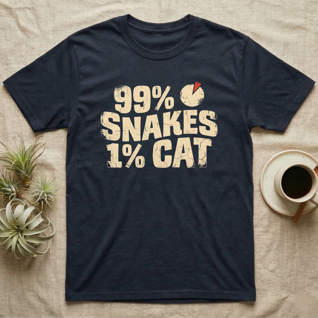 99% Snakes Keeper T-Shirt in Navy — Distressed-block wordmark reading 99 percent snakes 1 percent cat with a small pie-chart accent glyph.