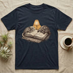 Cold-Blooded Book Club T-Shirt in Navy — Engraved cozy illustration of a gecko and a tortoise sharing an open book under a glowing reading lamp.