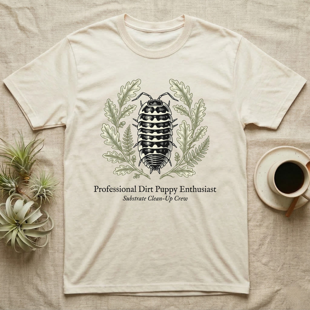Zebra Isopod Copperplate T-Shirt in Natural — Copperplate engraving of a banded zebra isopod wreathed in oak leaves above serif dirt puppy text.