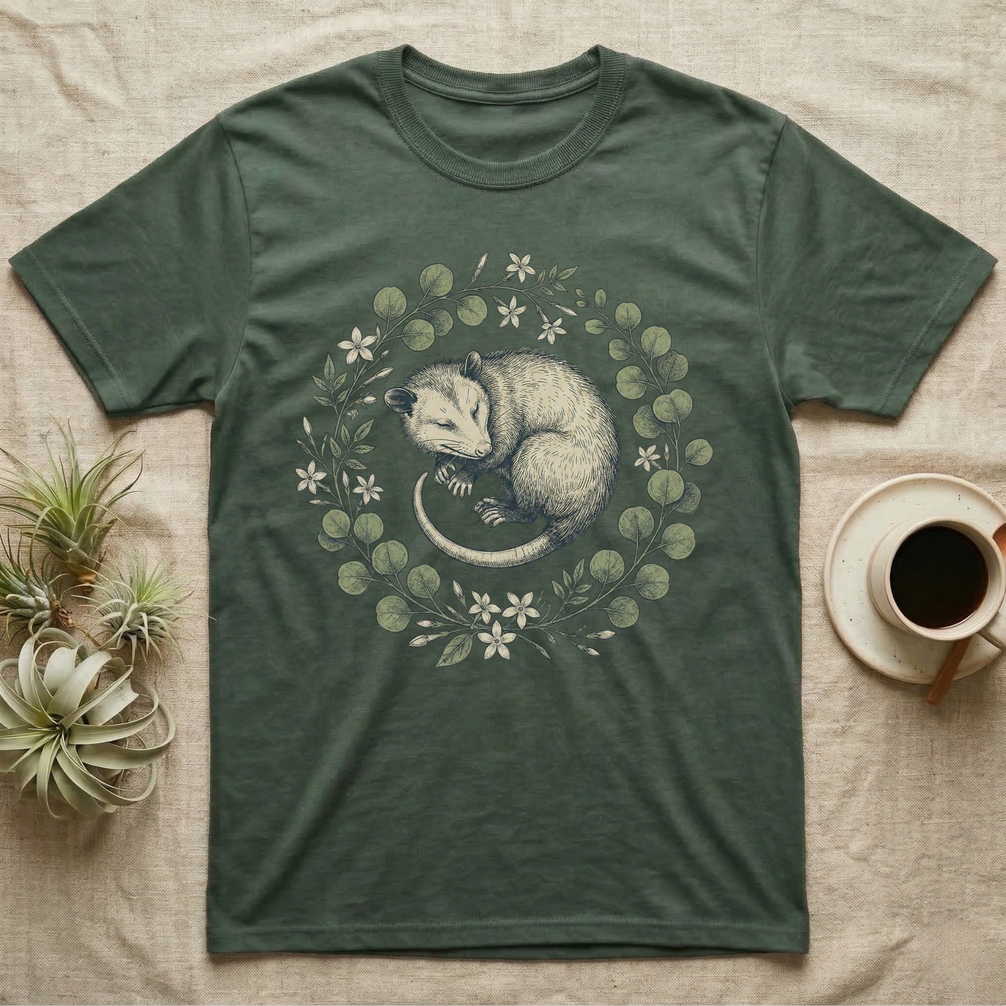 T-shirt featuring a sleeping opossum inside a floral wreath.