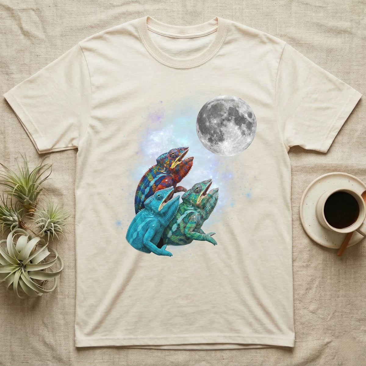 Panther Chameleon Moon Howl T-Shirt in Natural — Three Panther Chameleon colour morphs howling at a full moon over a nebula on a dark grey t-shirt.