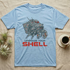 Light blue t-shirt with a robotic hermit crab and "UPGRADE YOUR SHELL" text.