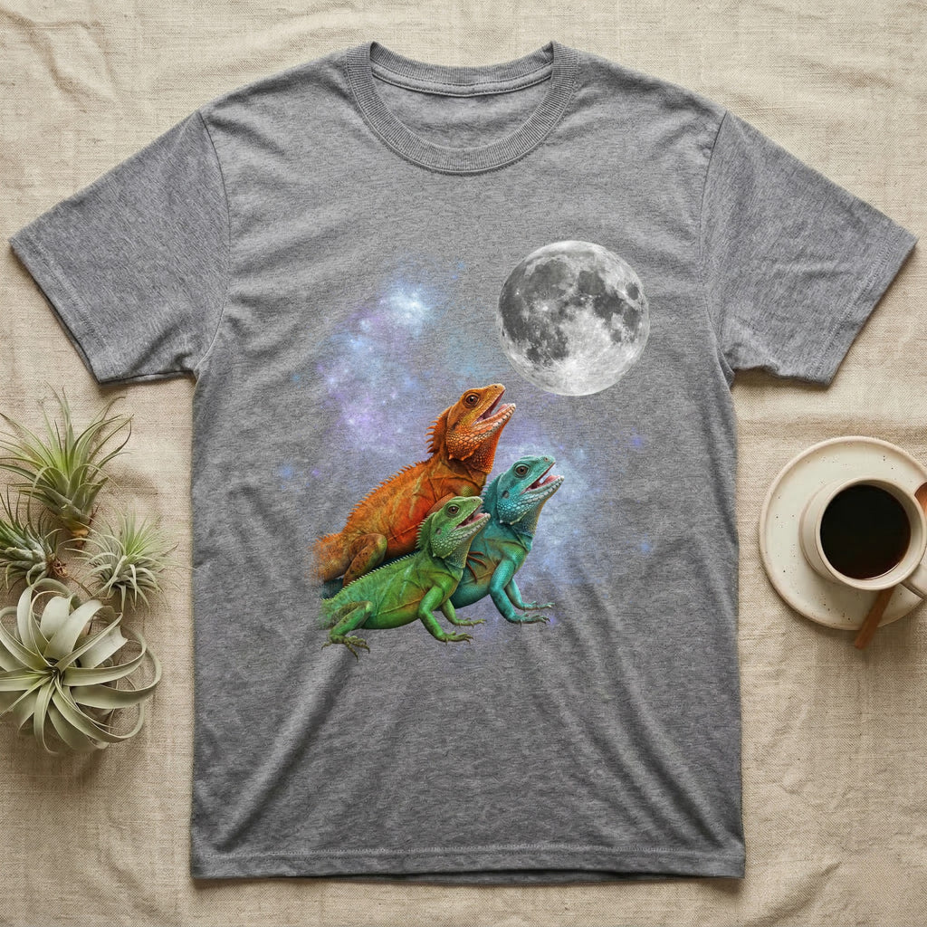 Chinese Water Dragon Moon Howl T-Shirt in Sport Grey — Three Chinese Water Dragon colour morphs howling at a full moon over a nebula on a dark grey t-shirt.