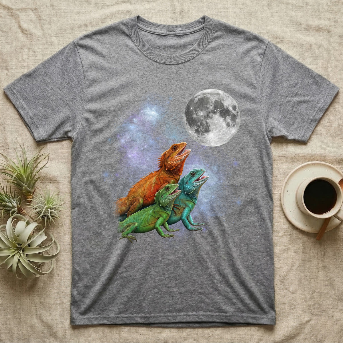 Chinese Water Dragon Moon Howl T-Shirt in Sport Grey — Three Chinese Water Dragon colour morphs howling at a full moon over a nebula on a dark grey t-shirt.