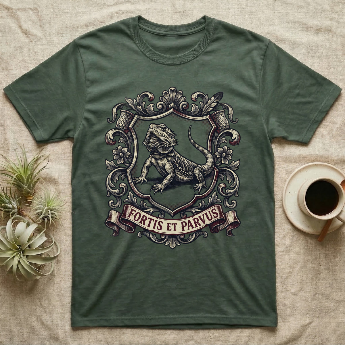 Bearded Dragon Heraldry T-Shirt in Military Green — Engraved heraldic crest of a bearded dragon posed as a regal dragon on a shield with a ribbon banner.