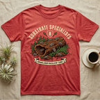 Zebra Isopod Substrate Specialists T-Shirt in Heather Red — Vintage crest of zebra isopods on a mossy cork log with crossed trowels and Armadillidium ribbon.
