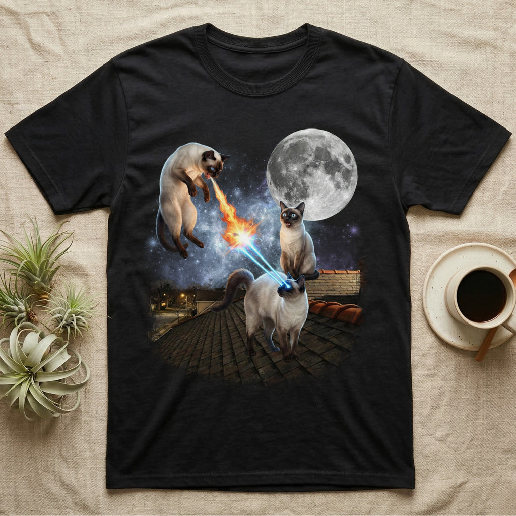 Black t-shirt with three Siamese cats shooting lasers on a rooftop under a moon.