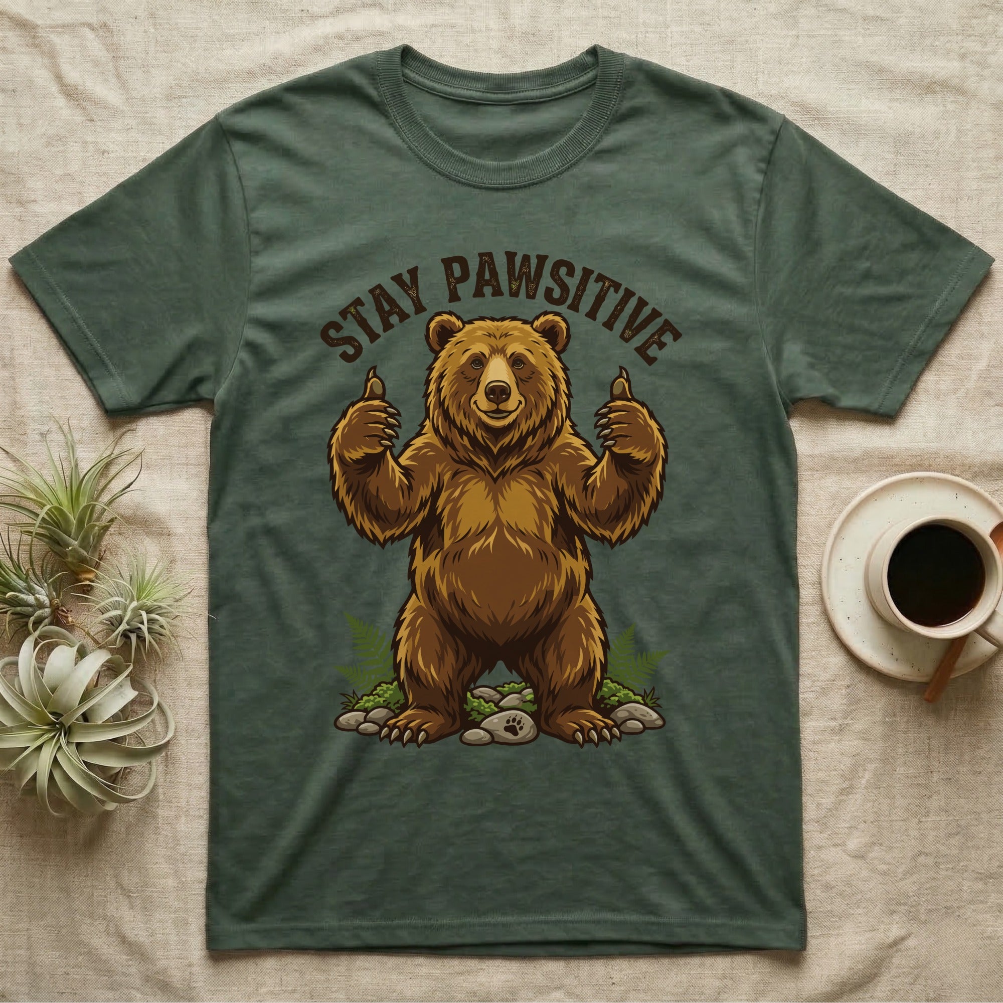 Bear giving two thumbs up with "Stay Pawsitive" text.