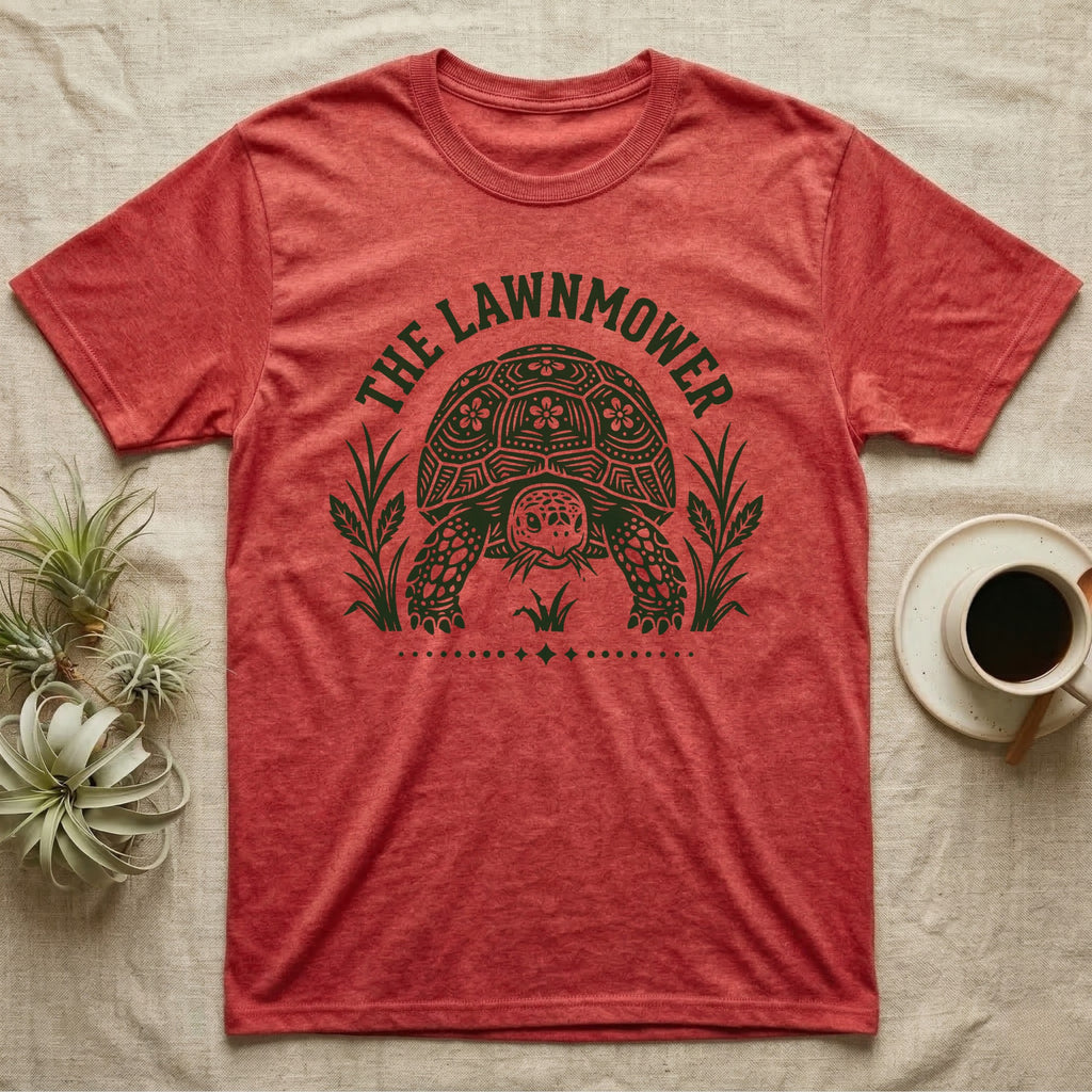 Sulcata Tortoise Under Lawn T-Shirt in Heather Red — Engraved sulcata tortoise in white line, head down and legs braced mid-dig, under retro script reading UNDER THE LAWN.