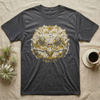 Alligator Snapper Face T-Shirt in Dark Heather — Two-ink stencil of an alligator snapping turtle face, head-on, hooked beak closed, olive-gold eyes on black.
