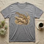 Grey t-shirt with a detailed illustration of a leopard gecko on a branch.