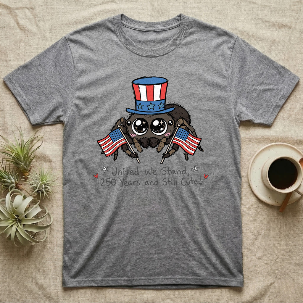 Jumping Spider Cute T-Shirt in Sport Grey — Kawaii jumping spider with big eyes in a top hat waving two flags above script United We Stand, 250 Years and Still Cute.