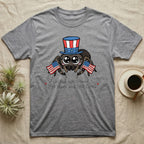 Jumping Spider Cute T-Shirt in Sport Grey — Kawaii jumping spider with big eyes in a top hat waving two flags above script United We Stand, 250 Years and Still Cute.