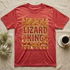 Red t-shirt with "Lizard King" text, prehistoric lizards, and patterned background.