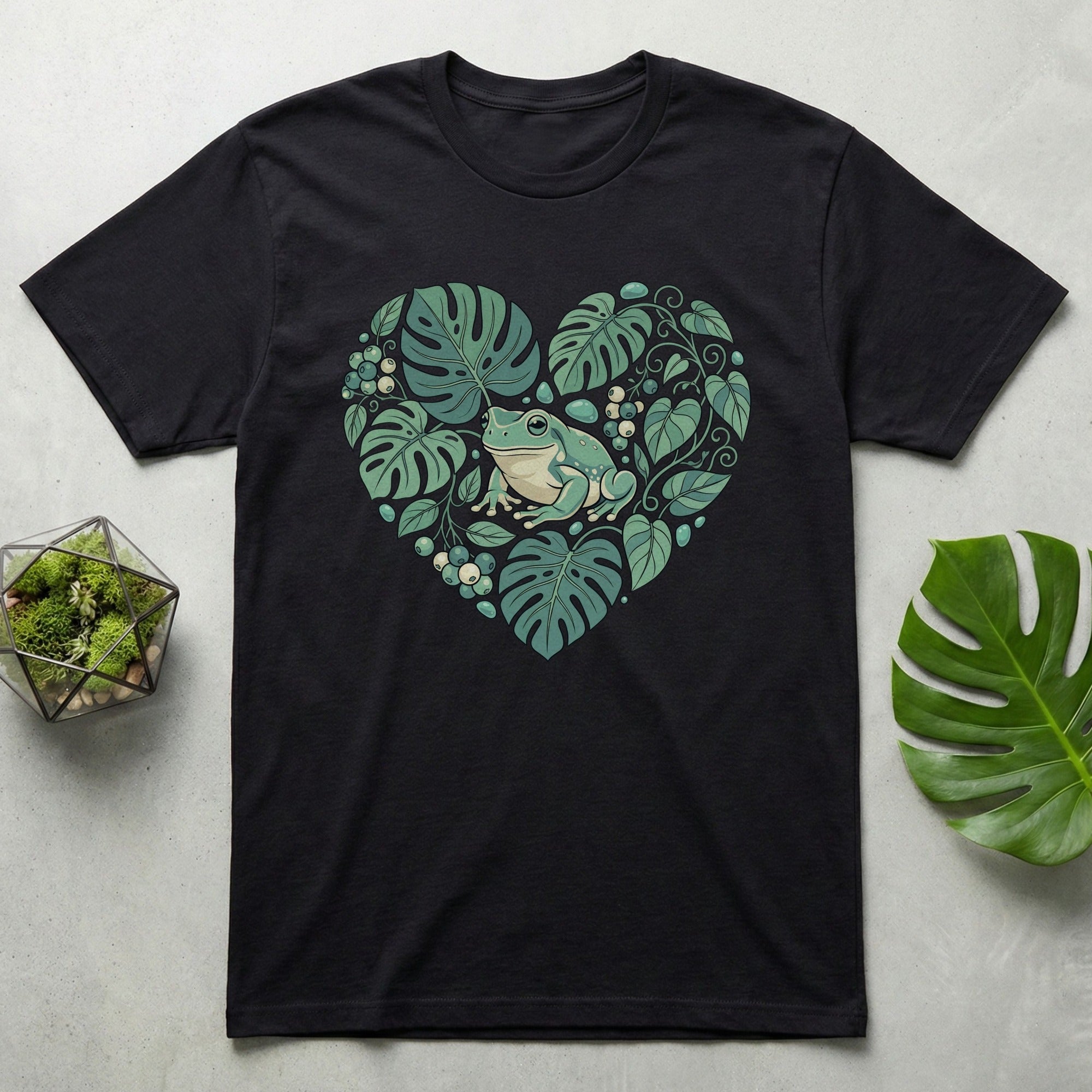 Frog and Monstera Leaves Heart Graphic T-Shirt
