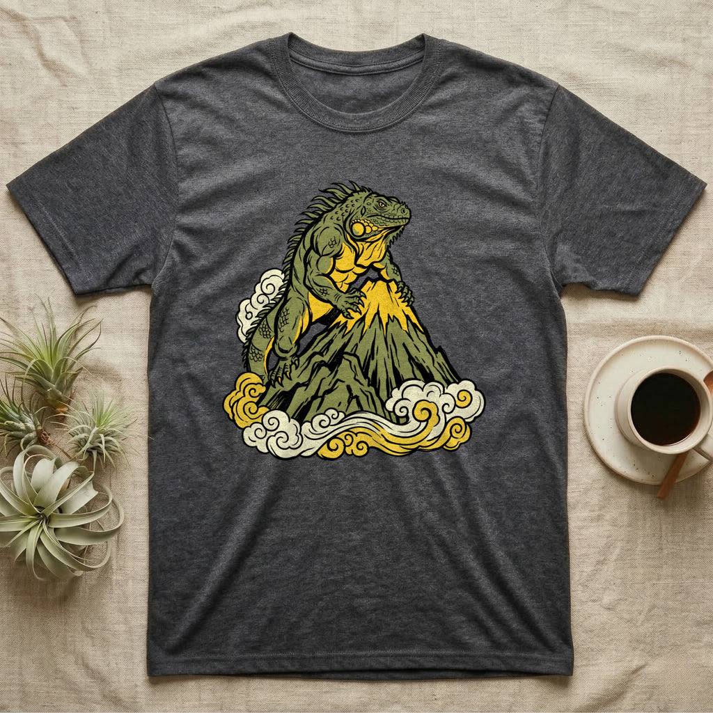 Dark grey t-shirt with a stylized iguana on a mountain with clouds.