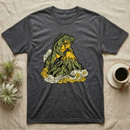 Dark grey t-shirt with a stylized iguana on a mountain with clouds.