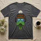 Gray t-shirt with a green iguana wearing a beanie and headphones, sunglasses reflecting a beach scene.