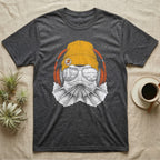 Frilled Lizard Headphones T-Shirt in Dark Heather — Engraved frilled lizard with fanned frill in a beanie and headphones, aviators reflecting savannah woodland.