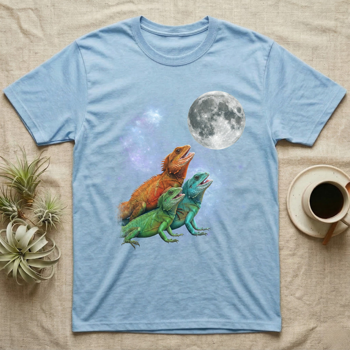 Chinese Water Dragon Moon Howl T-Shirt in Light Blue — Three Chinese Water Dragon colour morphs howling at a full moon over a nebula on a dark grey t-shirt.