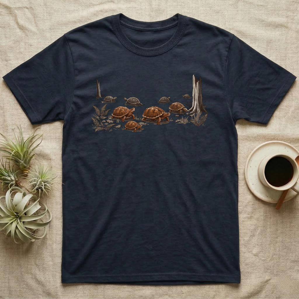 Box Turtle Forest Floor T-Shirt in Navy — Sepia ink and wash illustration of eight eastern box turtles crossing open woodland between two deadfall trunks.