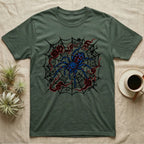 Green t-shirt with a blue and red spider design on a web.