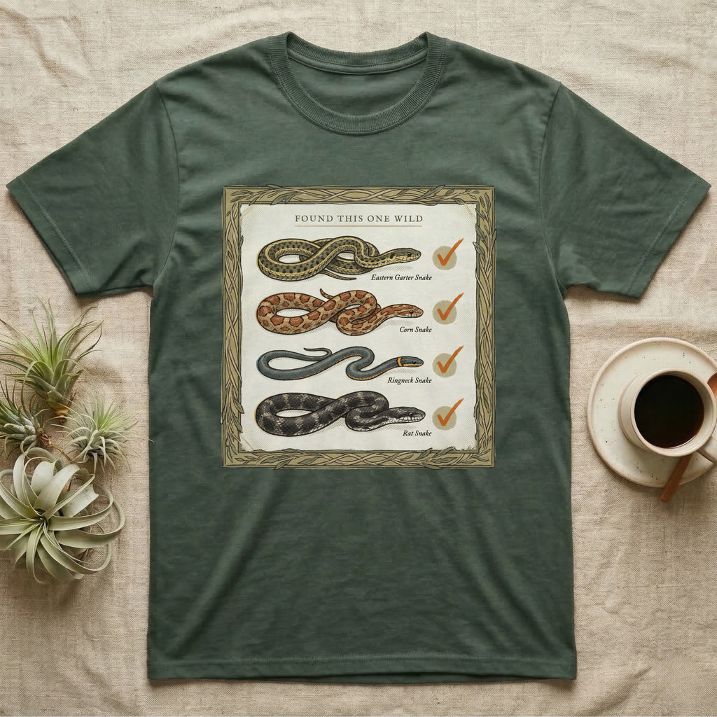 Native Snake Life List T-Shirt in Military Green — Vintage field-guide life list of native snakes drawn as small specimens with tally checkmarks beside each.