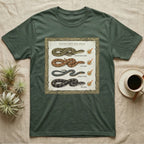 Native Snake Life List T-Shirt in Military Green — Vintage field-guide life list of native snakes drawn as small specimens with tally checkmarks beside each.
