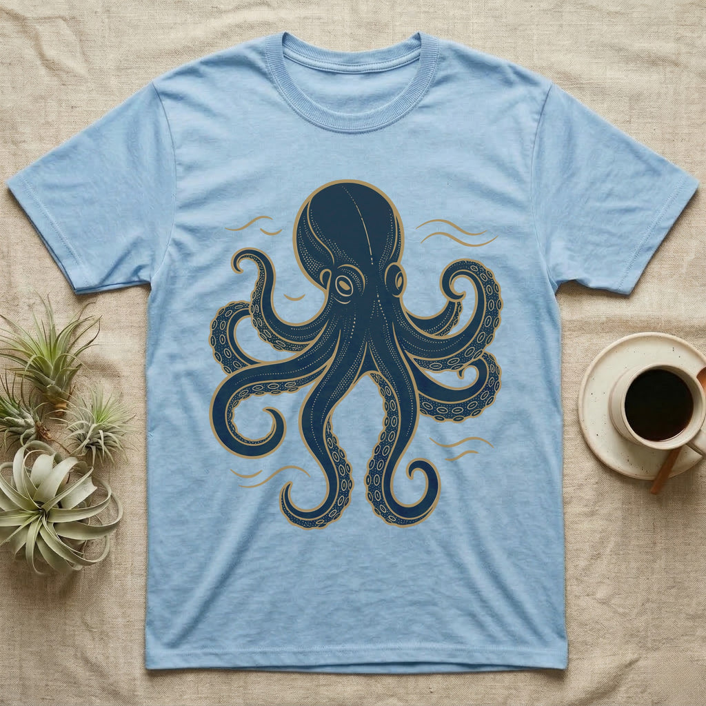 Light blue t-shirt with dark blue and gold octopus graphic.